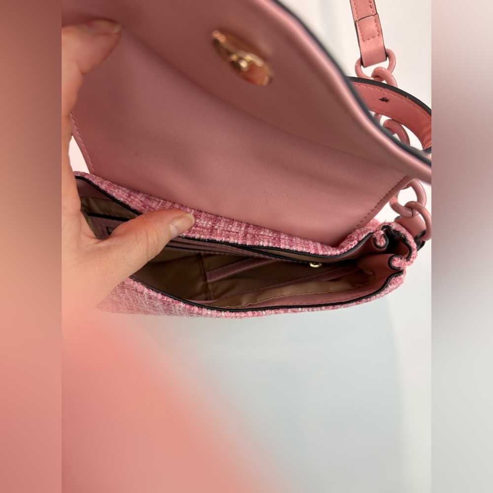 GUESS | Pink Gingham Tweed Crossbody Bag with Leather Trim - Picture 8 of 17